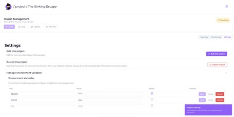 Environment variables management interface