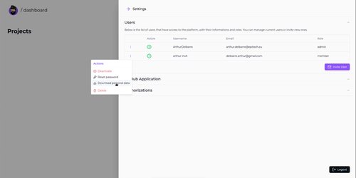User options menu in Haddock admin interface